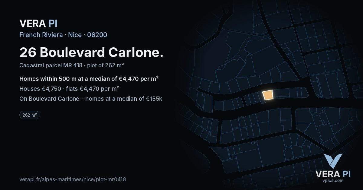 26 Boulevard Carlone, Nice at night – the plot lit, the parcels around coloured by the prices near them
