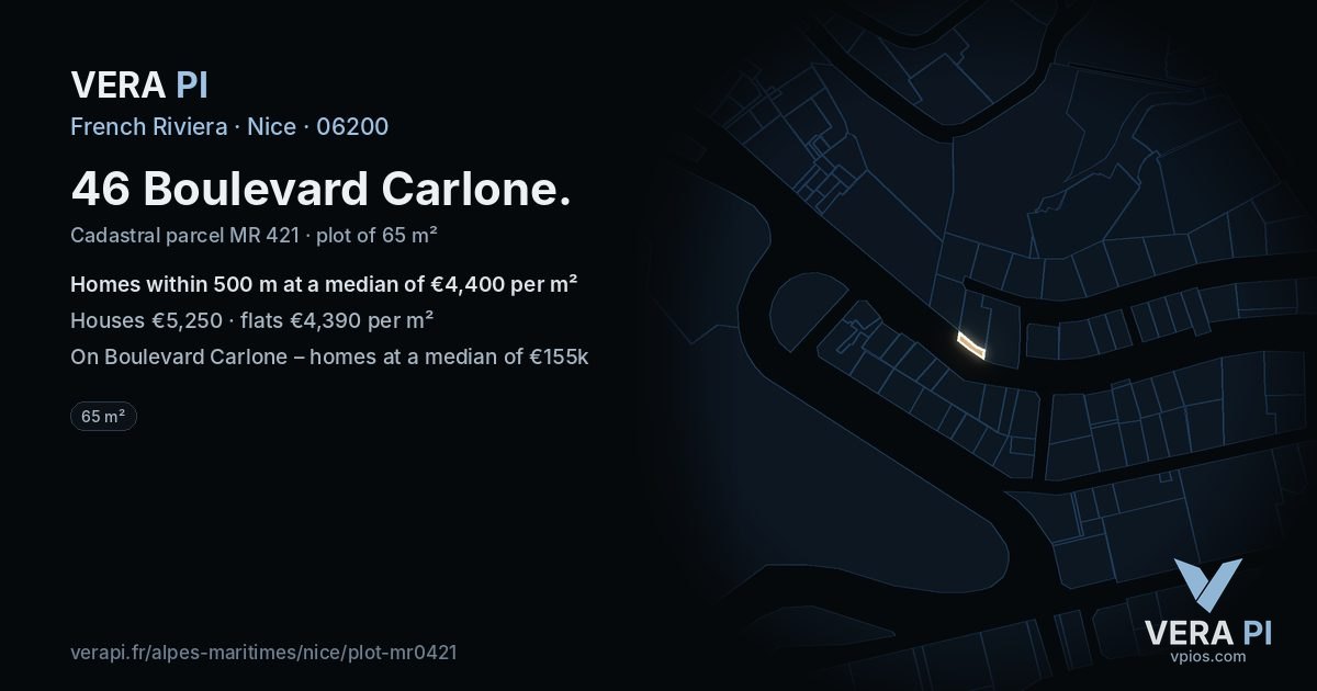 46 Boulevard Carlone, Nice at night – the plot lit, the parcels around coloured by the prices near them