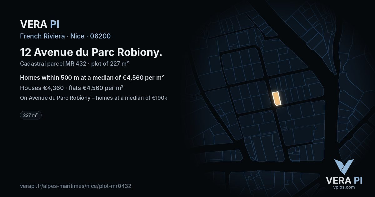 12 Avenue du Parc Robiony, Nice at night – the plot lit, the parcels around coloured by the prices near them