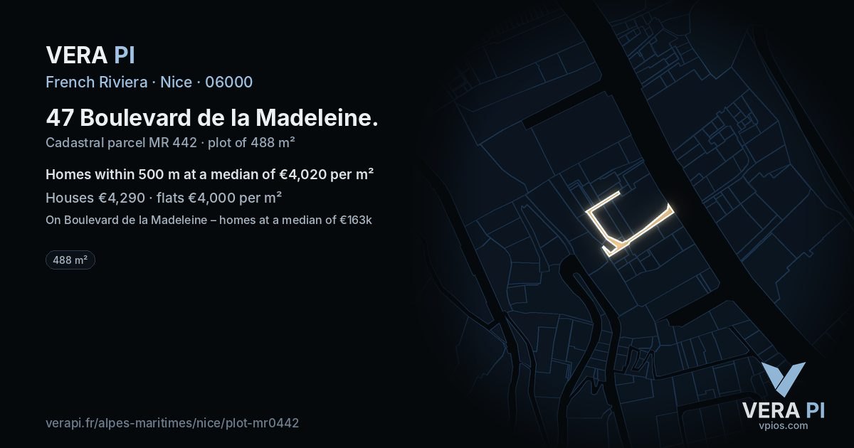 47 Boulevard de la Madeleine, Nice at night – the plot lit, the parcels around coloured by the prices near them