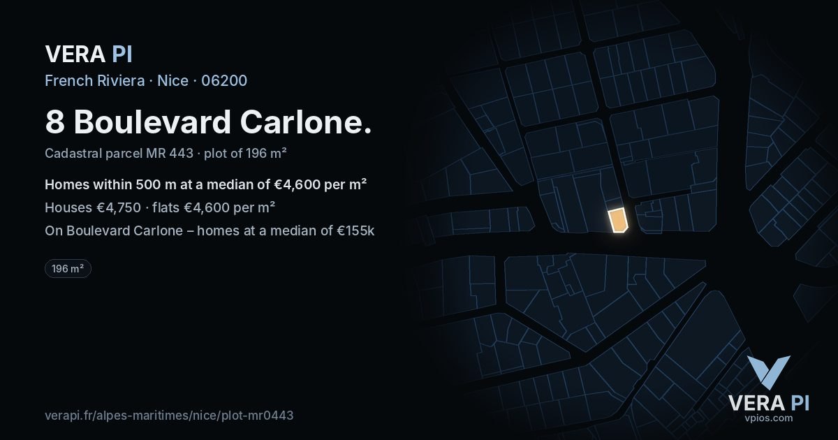 8 Boulevard Carlone, Nice at night – the plot lit, the parcels around coloured by the prices near them