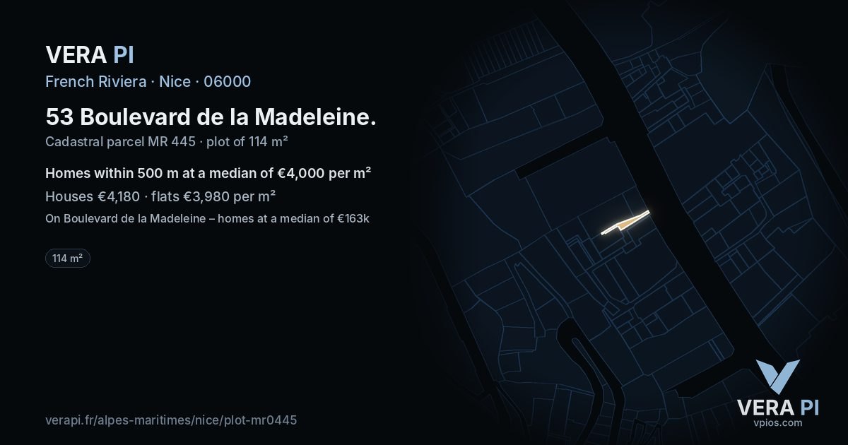 53 Boulevard de la Madeleine, Nice at night – the plot lit, the parcels around coloured by the prices near them