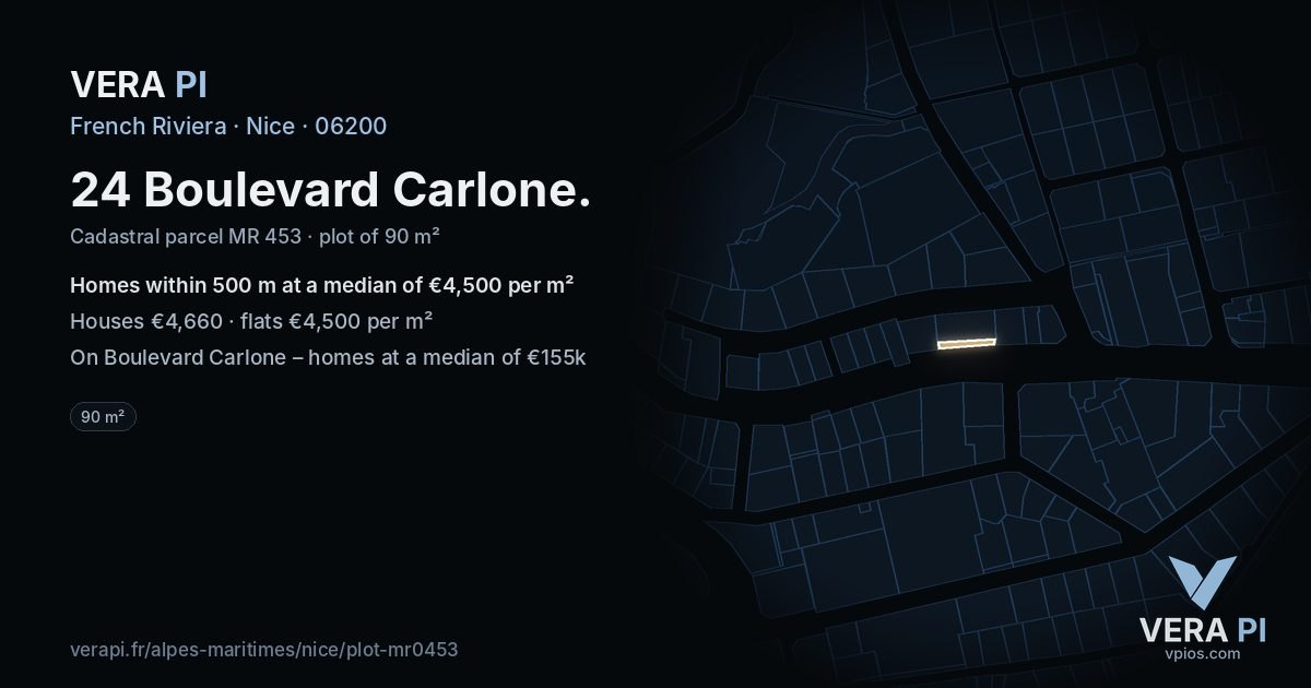 24 Boulevard Carlone, Nice at night – the plot lit, the parcels around coloured by the prices near them