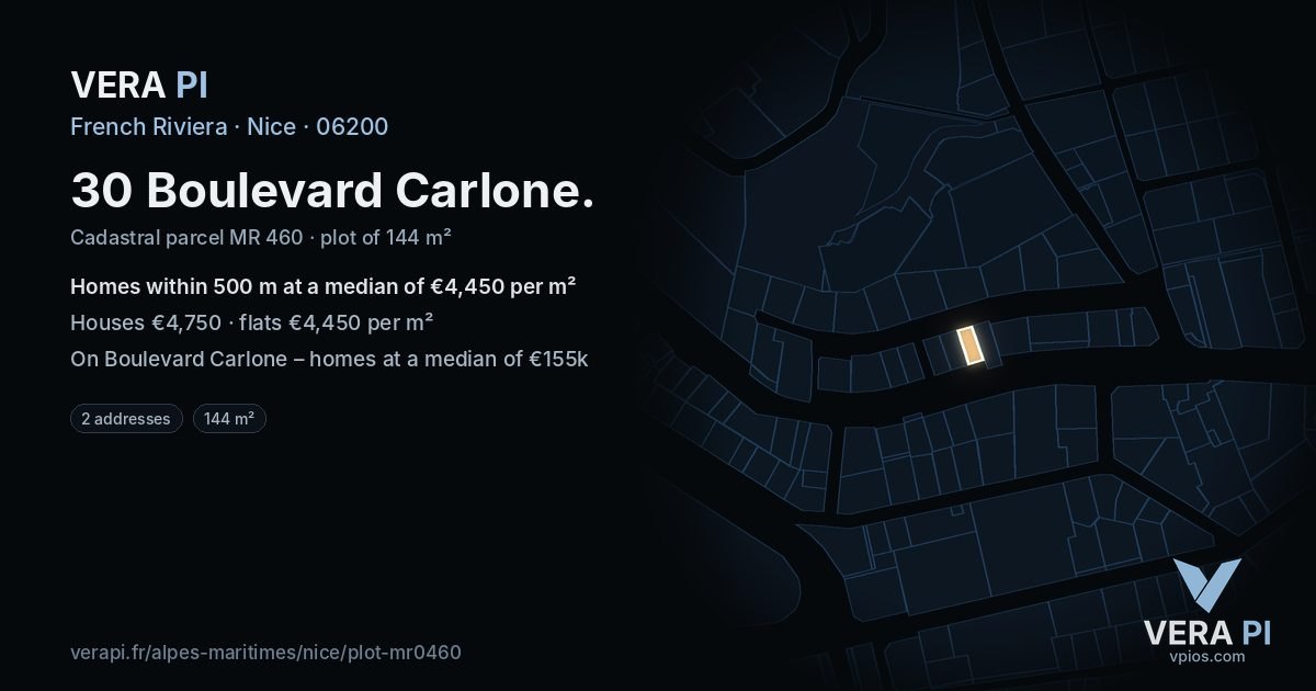 30 Boulevard Carlone, Nice at night – the plot lit, the parcels around coloured by the prices near them
