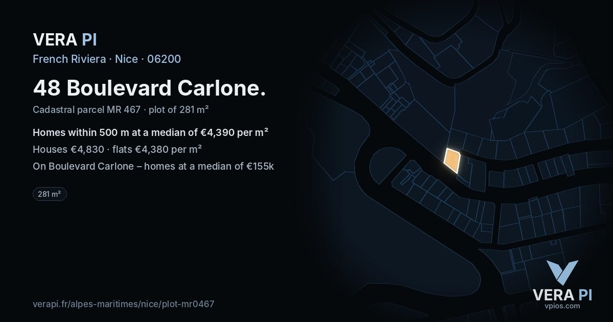 48 Boulevard Carlone, Nice at night – the plot lit, the parcels around coloured by the prices near them