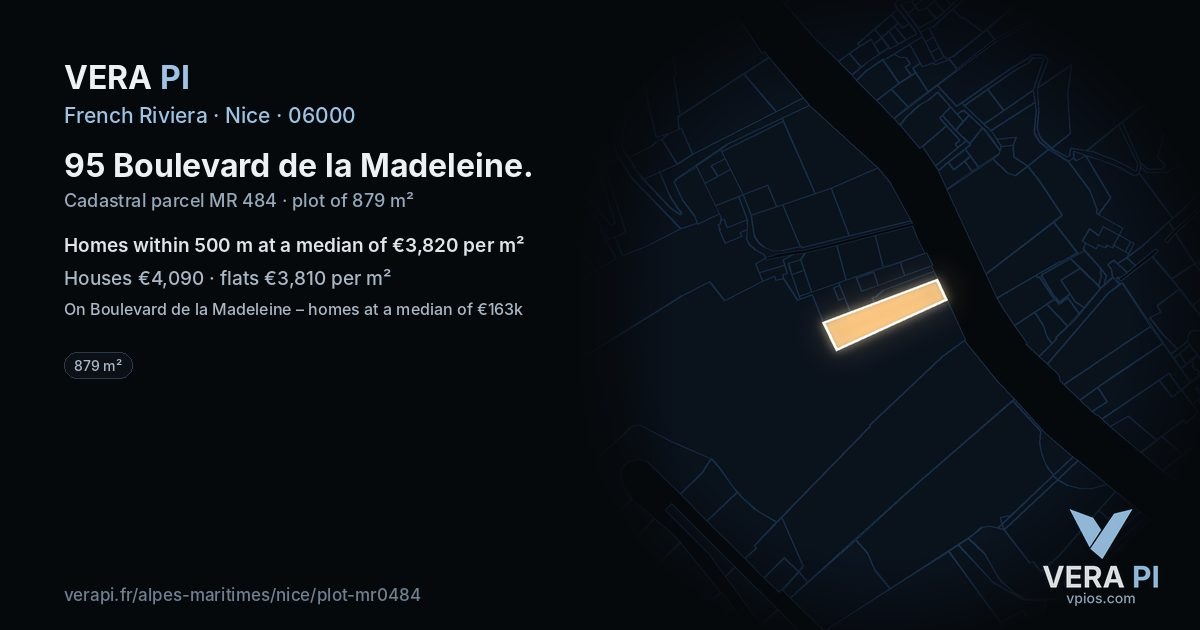 95 Boulevard de la Madeleine, Nice at night – the plot lit, the parcels around coloured by the prices near them