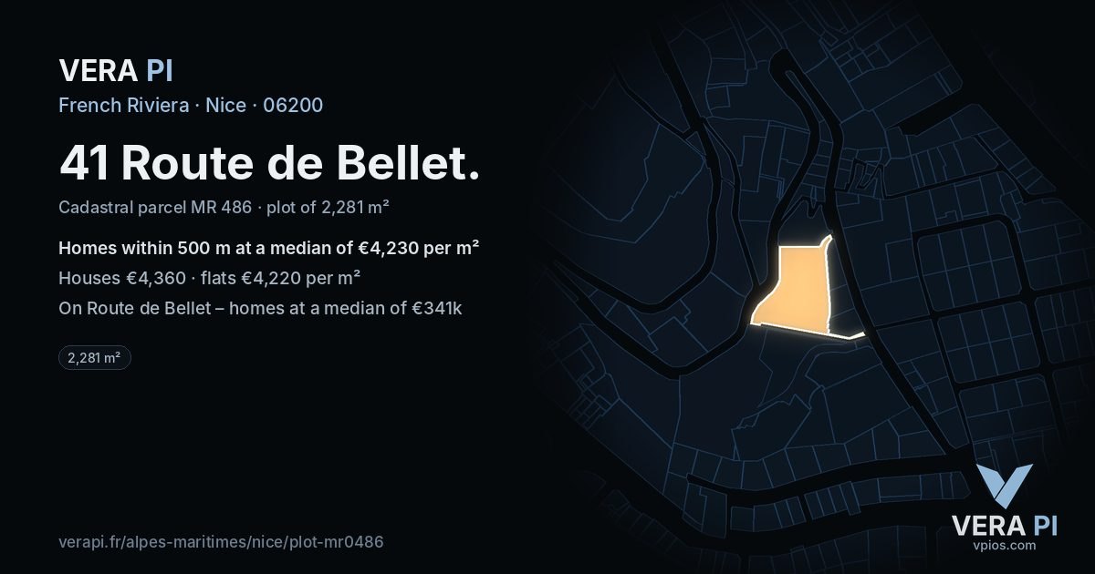 41 Route de Bellet, Nice at night – the plot lit, the parcels around coloured by the prices near them