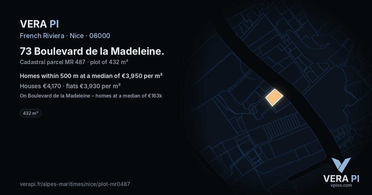 73 Boulevard de la Madeleine, Nice at night – the plot lit, the parcels around coloured by the prices near them