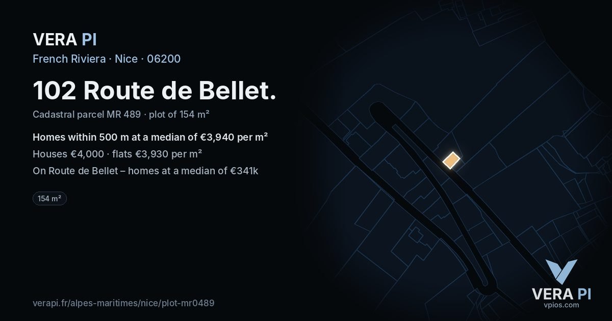 102 Route de Bellet, Nice at night – the plot lit, the parcels around coloured by the prices near them