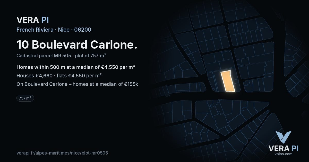 10 Boulevard Carlone, Nice at night – the plot lit, the parcels around coloured by the prices near them