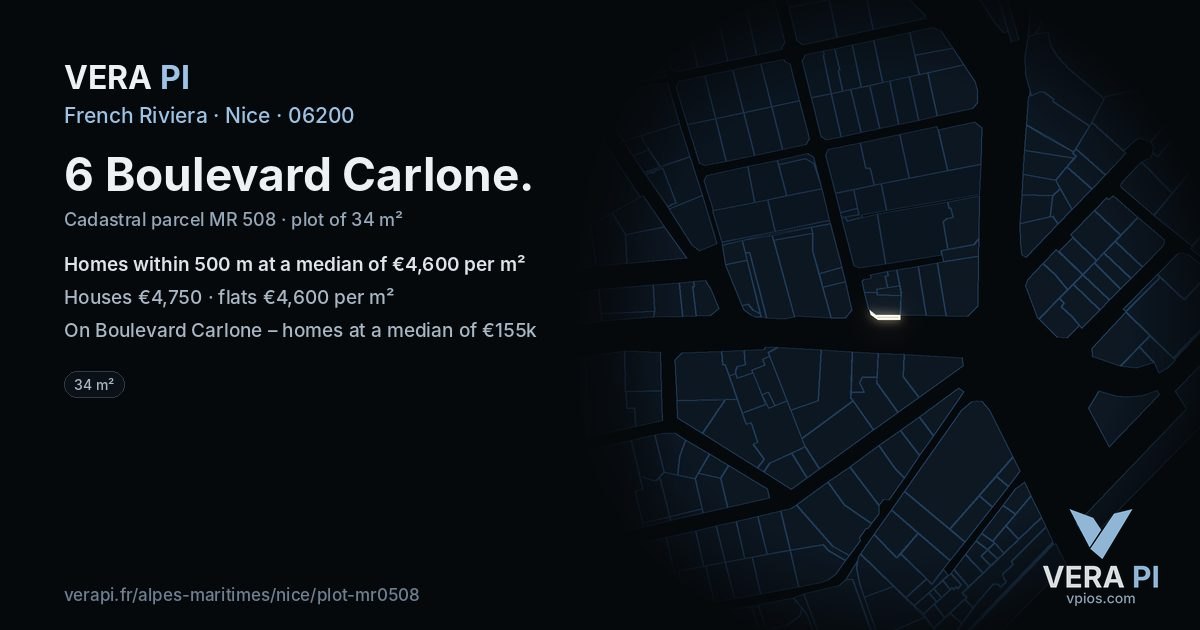 6 Boulevard Carlone, Nice at night – the plot lit, the parcels around coloured by the prices near them
