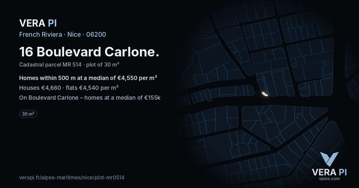 16 Boulevard Carlone, Nice at night – the plot lit, the parcels around coloured by the prices near them
