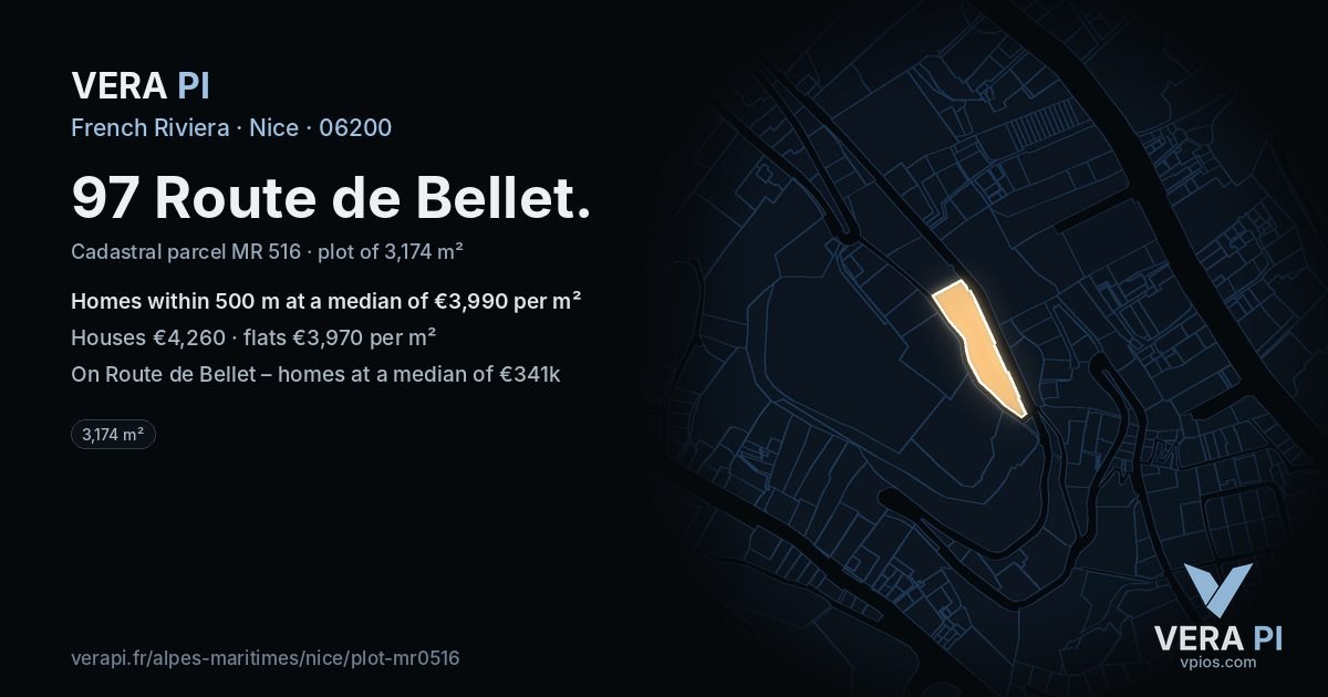 97 Route de Bellet, Nice at night – the plot lit, the parcels around coloured by the prices near them