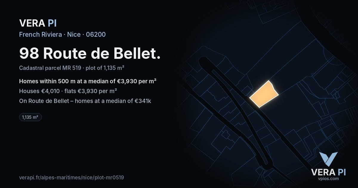 98 Route de Bellet, Nice at night – the plot lit, the parcels around coloured by the prices near them