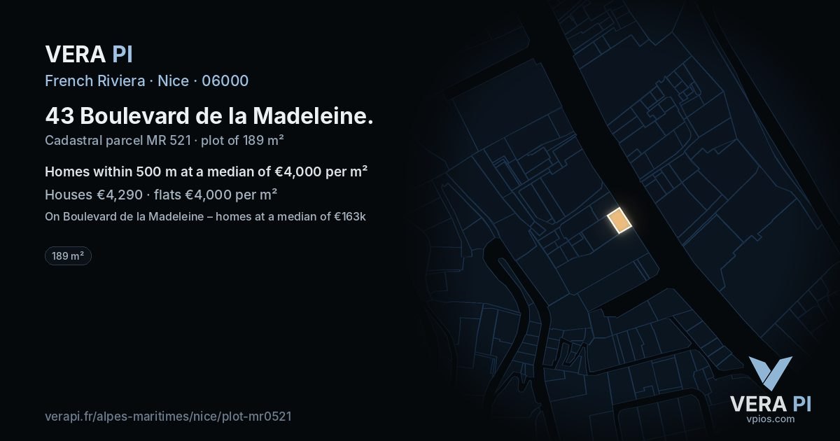 43 Boulevard de la Madeleine, Nice at night – the plot lit, the parcels around coloured by the prices near them