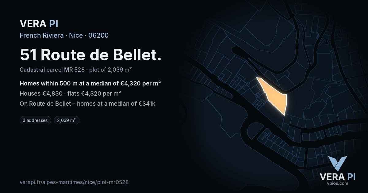 51 Route de Bellet, Nice at night – the plot lit, the parcels around coloured by the prices near them