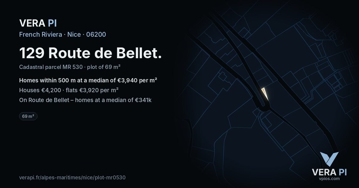 129 Route de Bellet, Nice at night – the plot lit, the parcels around coloured by the prices near them