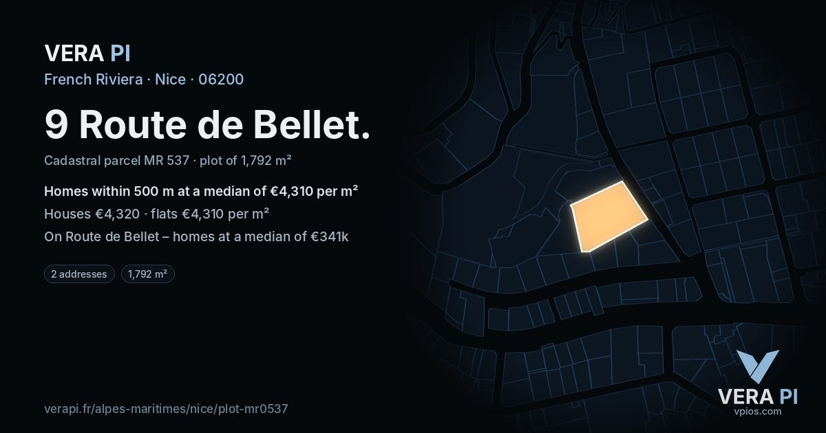 9 Route de Bellet, Nice at night – the plot lit, the parcels around coloured by the prices near them
