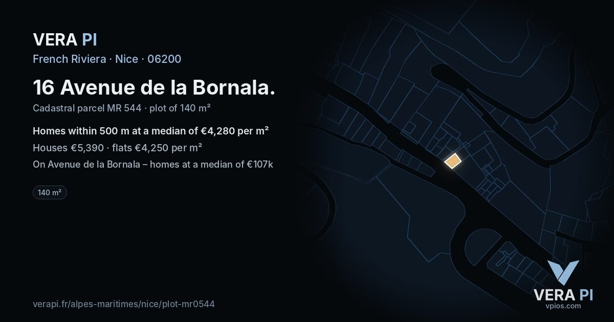 16 Avenue de la Bornala, Nice at night – the plot lit, the parcels around coloured by the prices near them