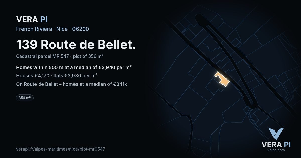 139 Route de Bellet, Nice at night – the plot lit, the parcels around coloured by the prices near them