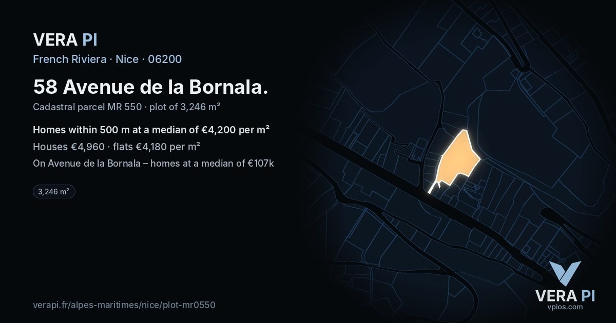 58 Avenue de la Bornala, Nice at night – the plot lit, the parcels around coloured by the prices near them