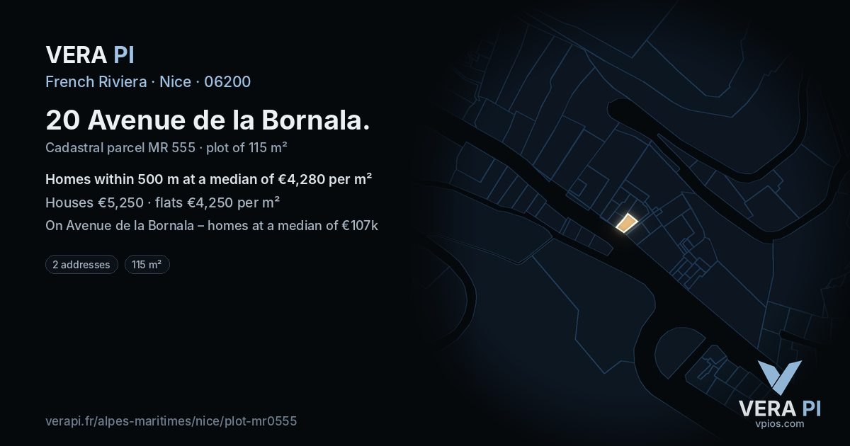20 Avenue de la Bornala, Nice at night – the plot lit, the parcels around coloured by the prices near them