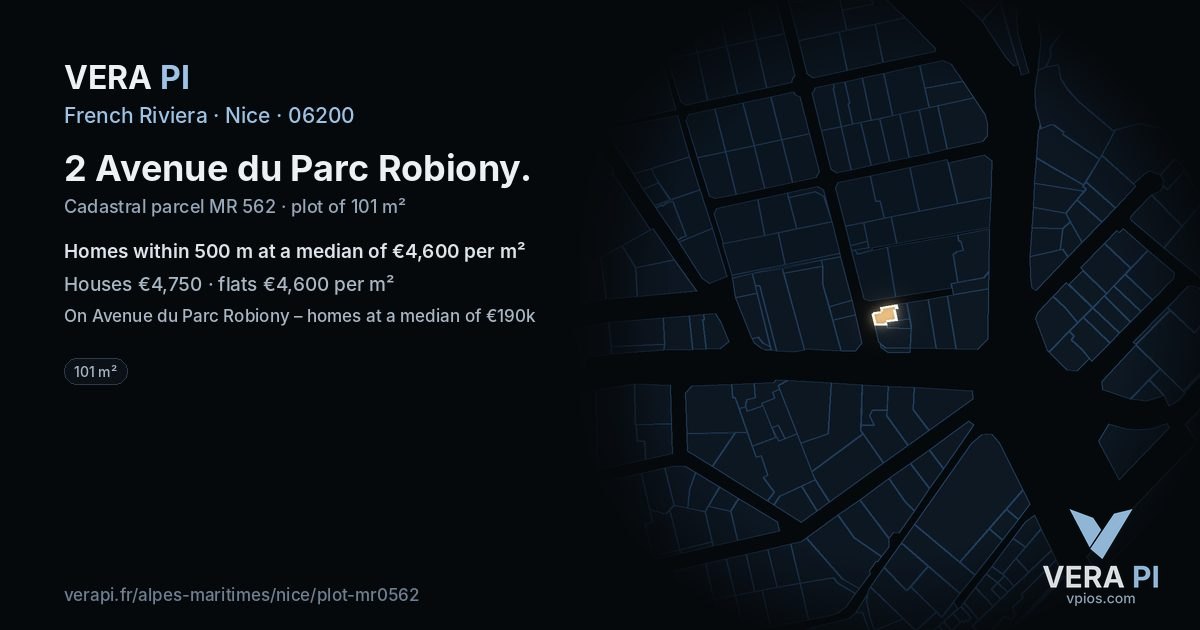 2 Avenue du Parc Robiony, Nice at night – the plot lit, the parcels around coloured by the prices near them