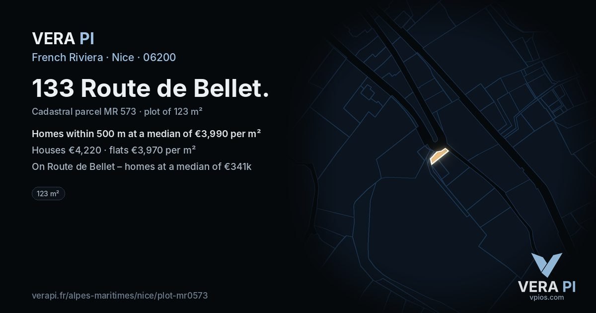 133 Route de Bellet, Nice at night – the plot lit, the parcels around coloured by the prices near them