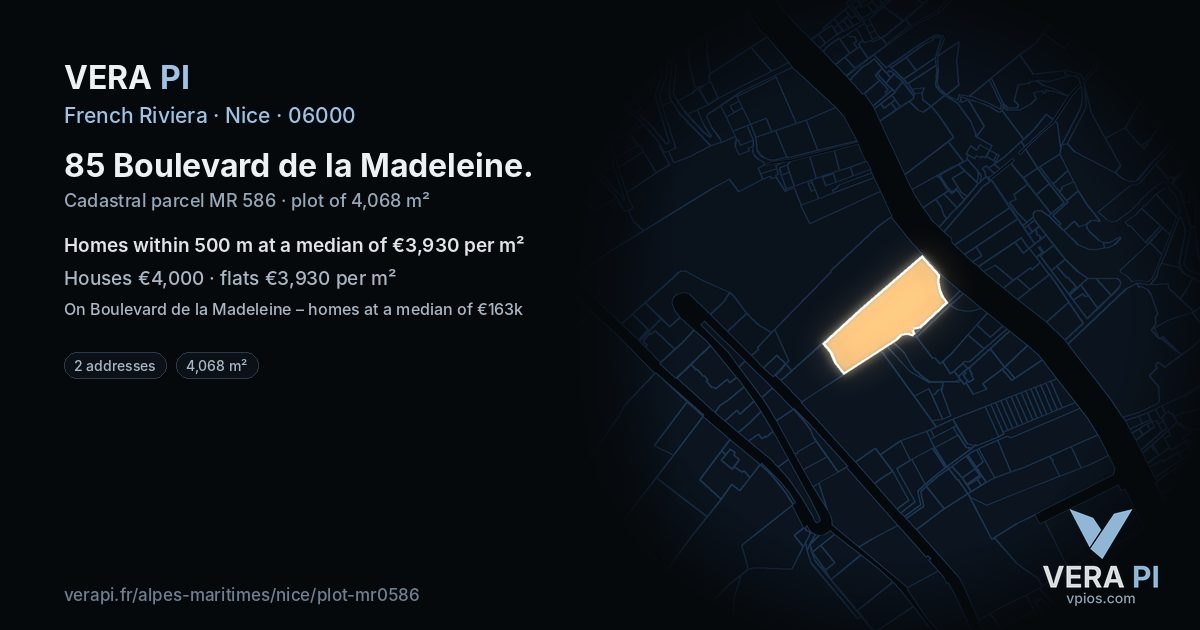 85 Boulevard de la Madeleine, Nice at night – the plot lit, the parcels around coloured by the prices near them