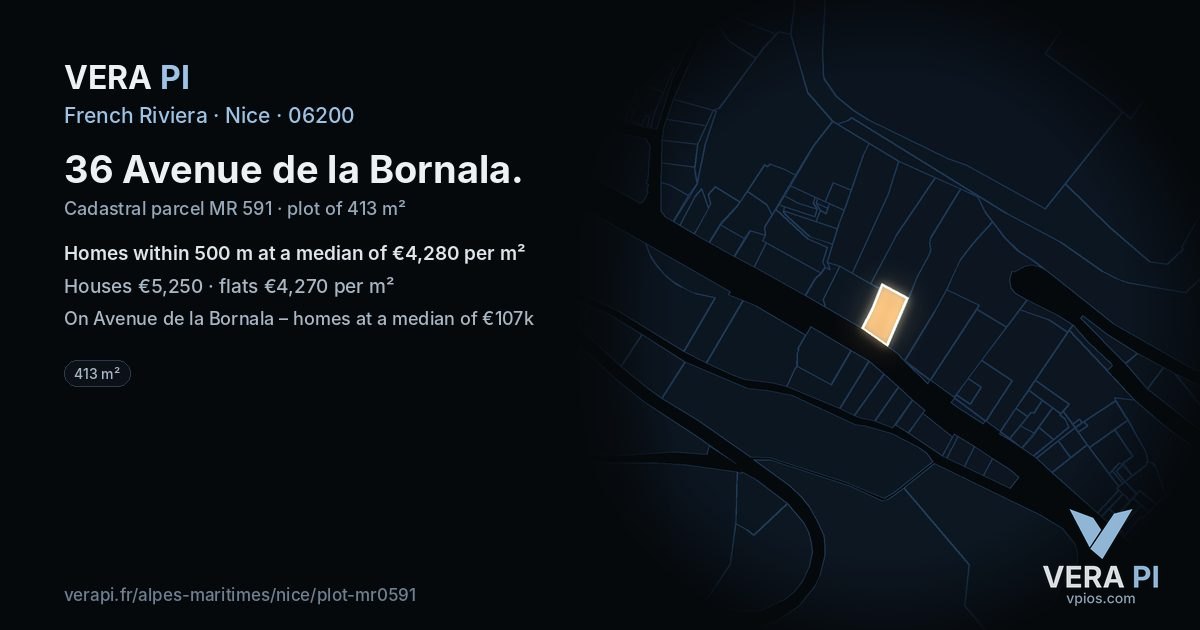 36 Avenue de la Bornala, Nice at night – the plot lit, the parcels around coloured by the prices near them