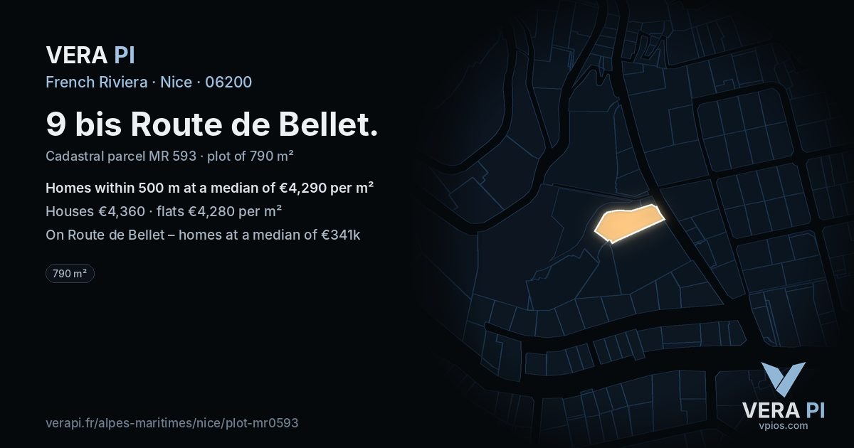 9 bis Route de Bellet, Nice at night – the plot lit, the parcels around coloured by the prices near them