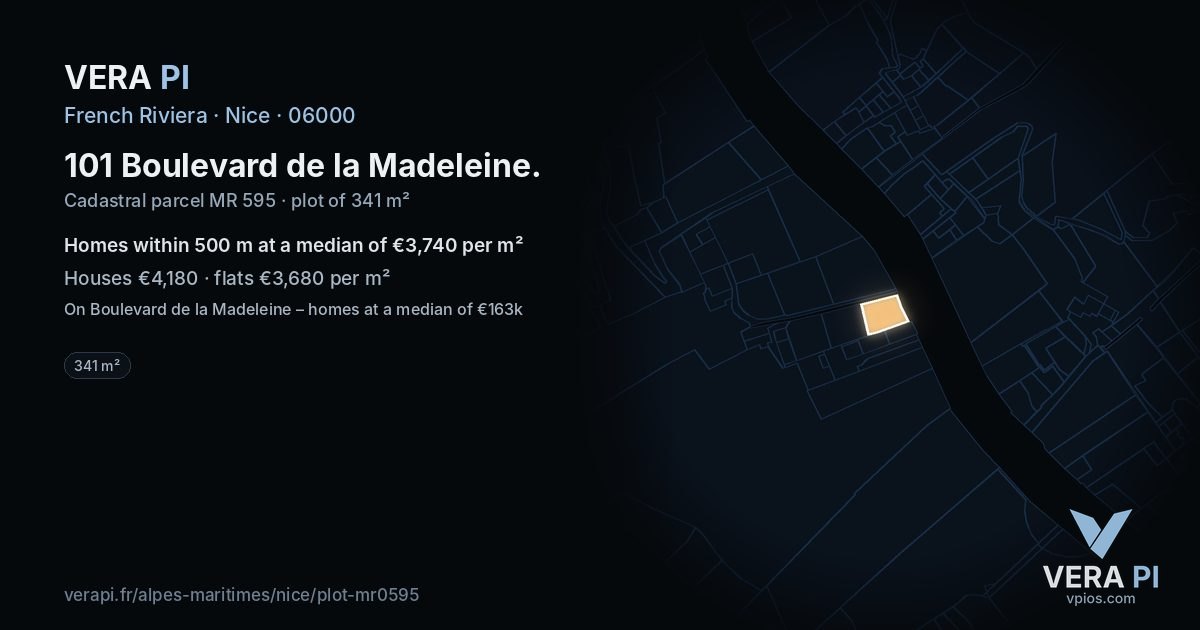 101 Boulevard de la Madeleine, Nice at night – the plot lit, the parcels around coloured by the prices near them