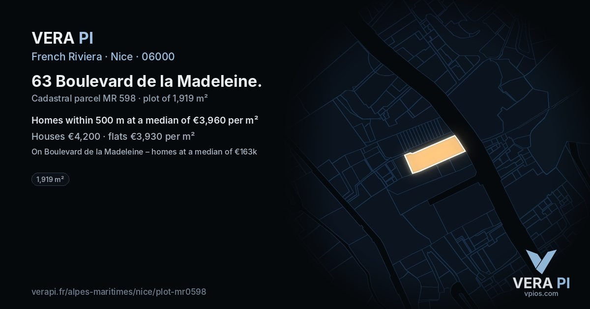 63 Boulevard de la Madeleine, Nice at night – the plot lit, the parcels around coloured by the prices near them