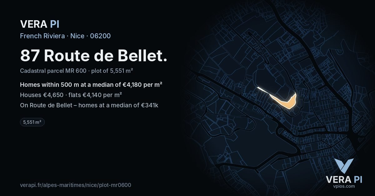87 Route de Bellet, Nice at night – the plot lit, the parcels around coloured by the prices near them
