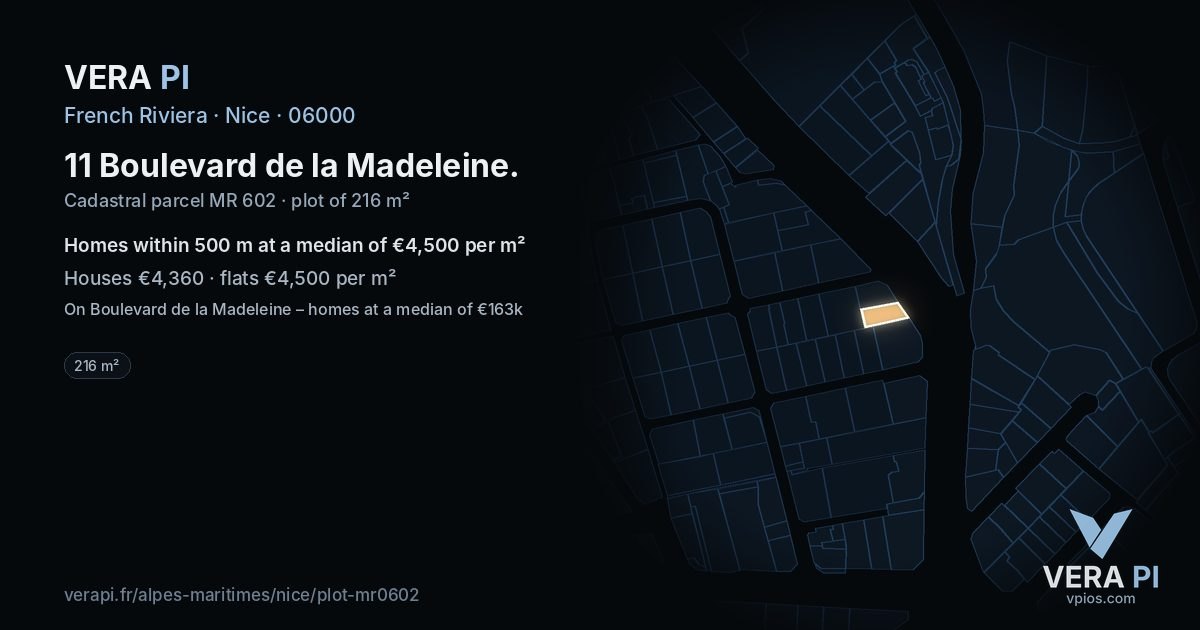 11 Boulevard de la Madeleine, Nice at night – the plot lit, the parcels around coloured by the prices near them