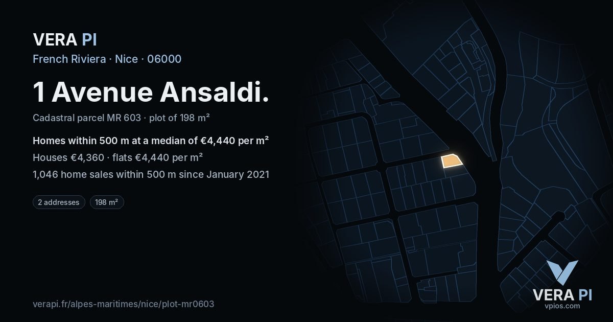 1 Avenue Ansaldi, Nice at night – the plot lit, the parcels around coloured by the prices near them