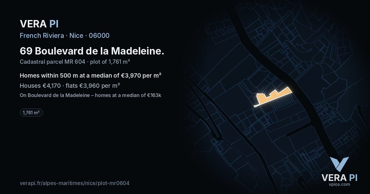 69 Boulevard de la Madeleine, Nice at night – the plot lit, the parcels around coloured by the prices near them