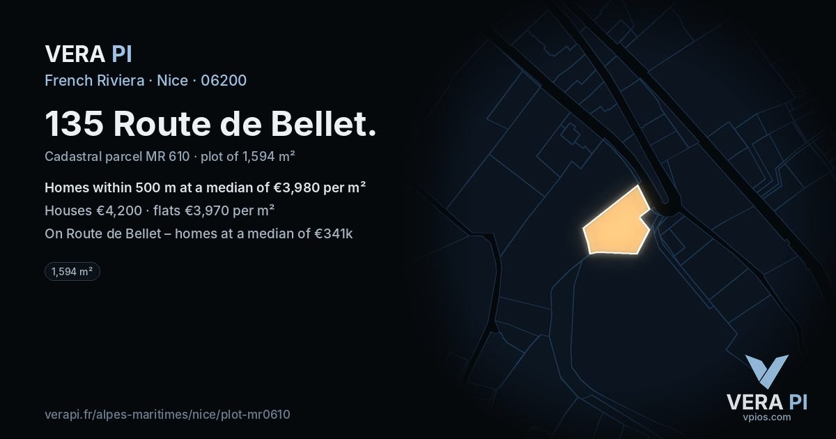 135 Route de Bellet, Nice at night – the plot lit, the parcels around coloured by the prices near them