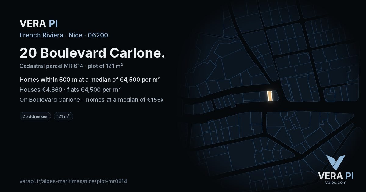 20 Boulevard Carlone, Nice at night – the plot lit, the parcels around coloured by the prices near them