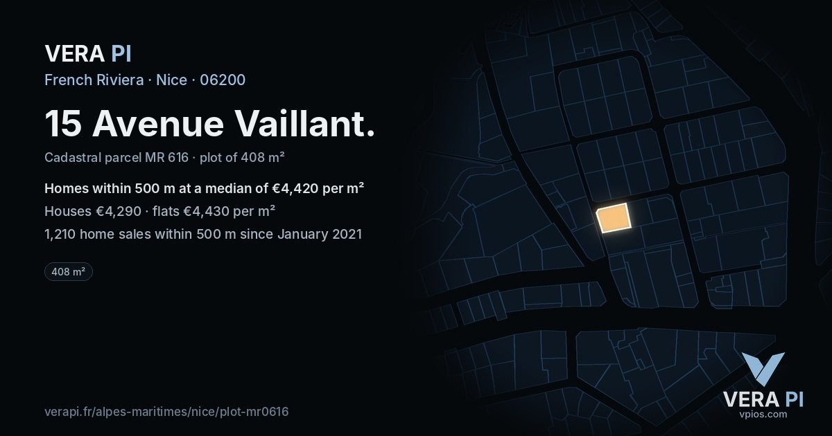 15 Avenue Vaillant, Nice at night – the plot lit, the parcels around coloured by the prices near them