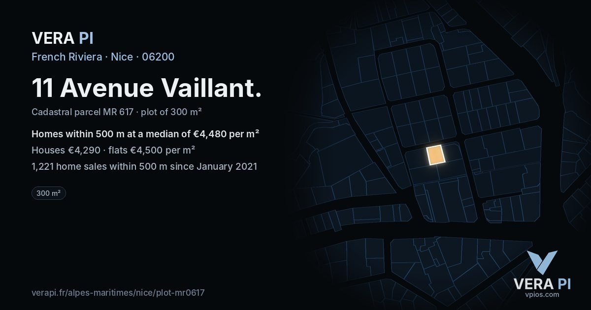 11 Avenue Vaillant, Nice at night – the plot lit, the parcels around coloured by the prices near them