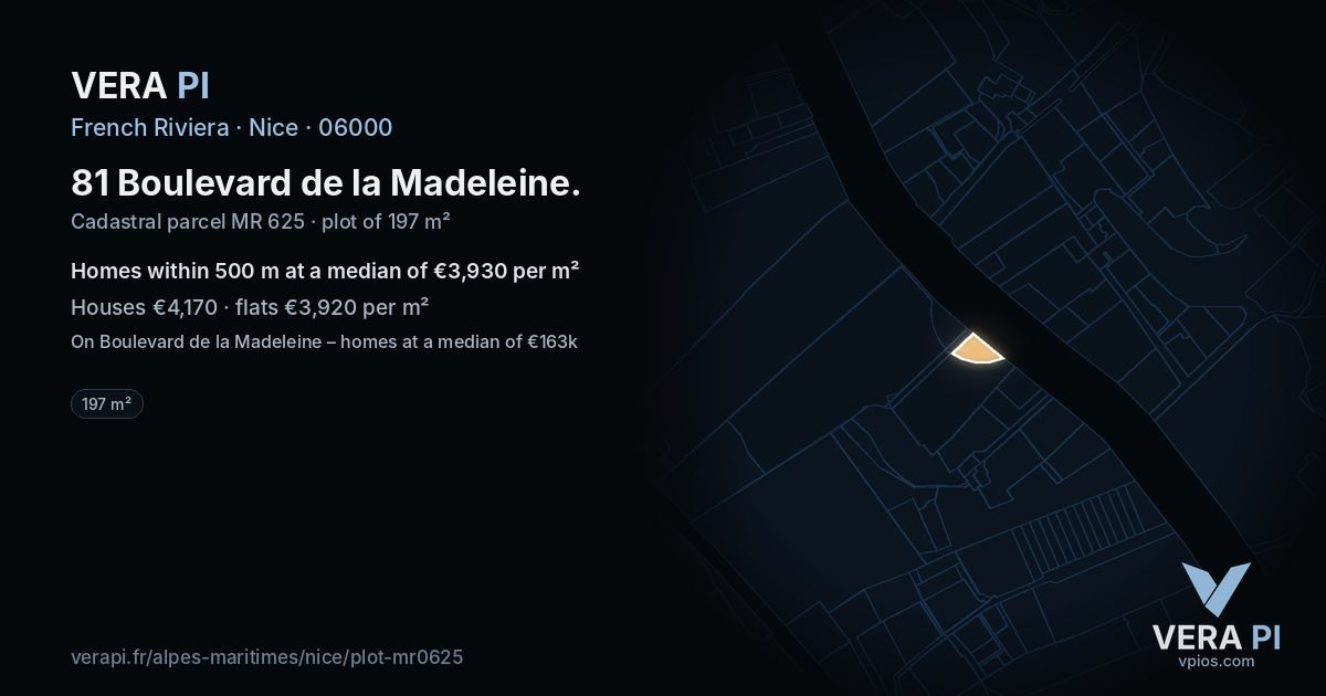 81 Boulevard de la Madeleine, Nice at night – the plot lit, the parcels around coloured by the prices near them