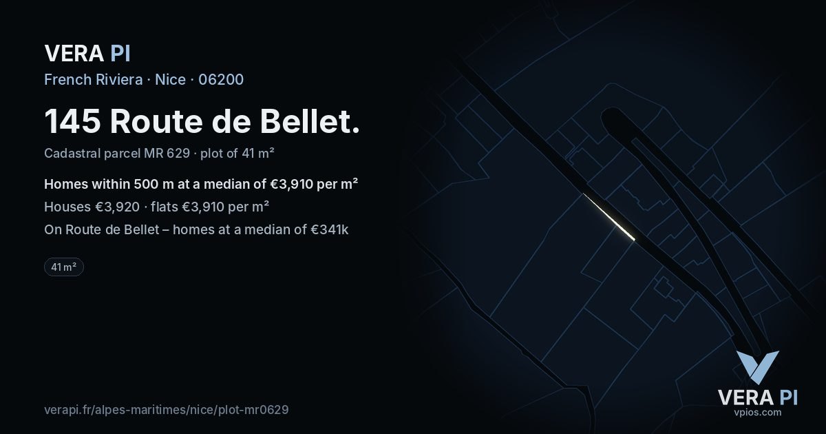 145 Route de Bellet, Nice at night – the plot lit, the parcels around coloured by the prices near them