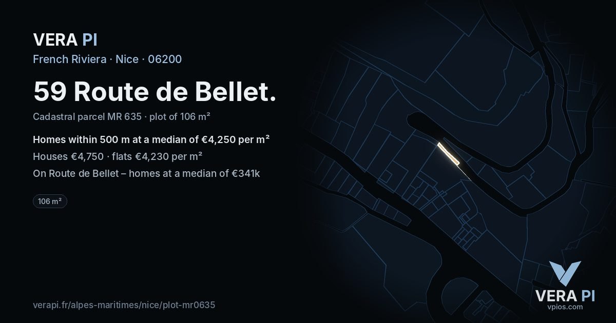 59 Route de Bellet, Nice at night – the plot lit, the parcels around coloured by the prices near them