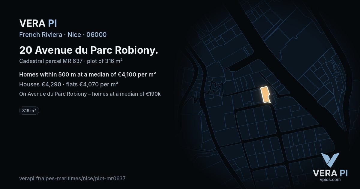 20 Avenue du Parc Robiony, Nice at night – the plot lit, the parcels around coloured by the prices near them
