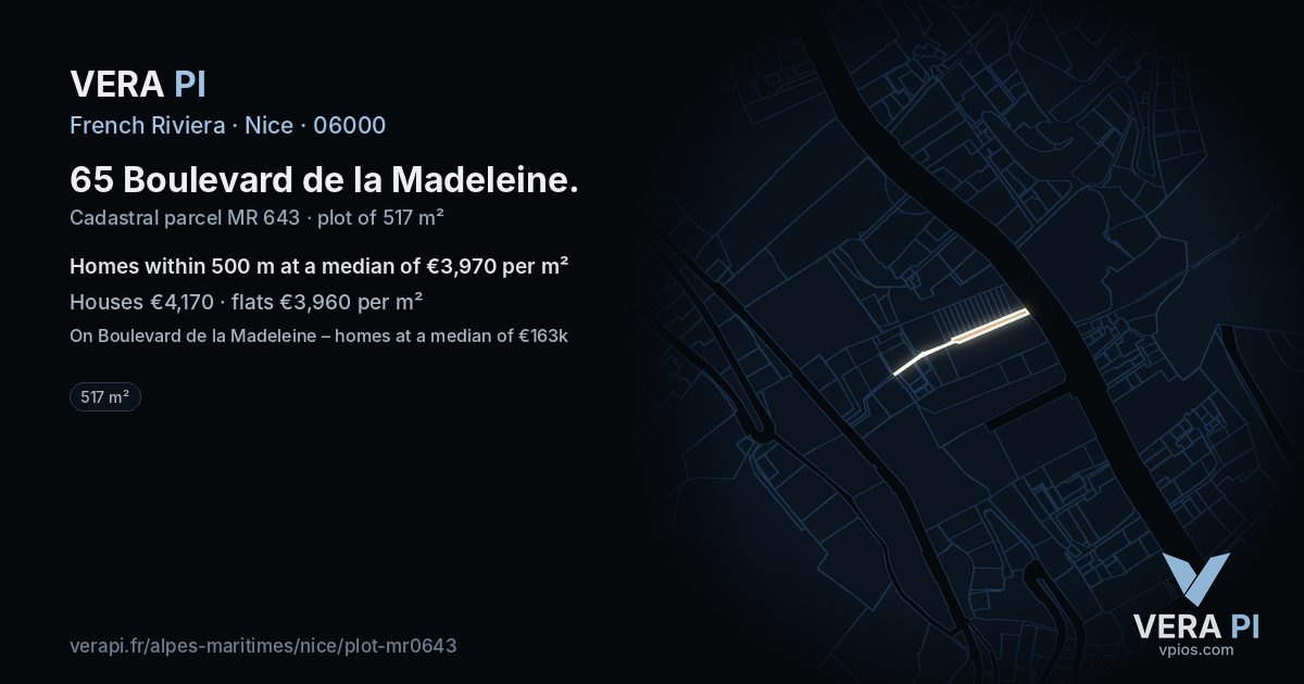 65 Boulevard de la Madeleine, Nice at night – the plot lit, the parcels around coloured by the prices near them