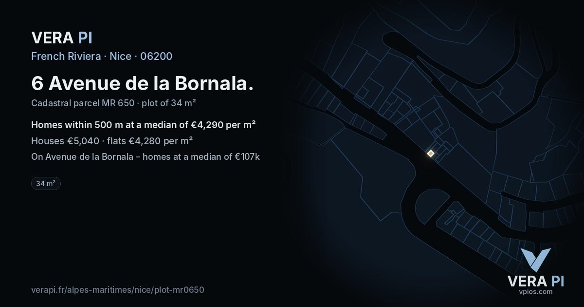 6 Avenue de la Bornala, Nice at night – the plot lit, the parcels around coloured by the prices near them