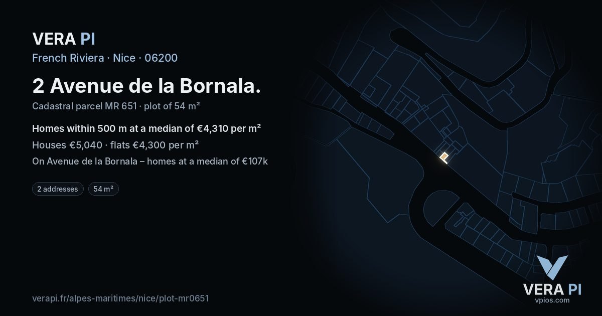 2 Avenue de la Bornala, Nice at night – the plot lit, the parcels around coloured by the prices near them