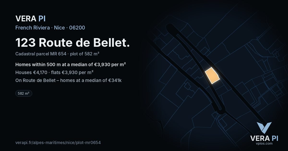 123 Route de Bellet, Nice at night – the plot lit, the parcels around coloured by the prices near them