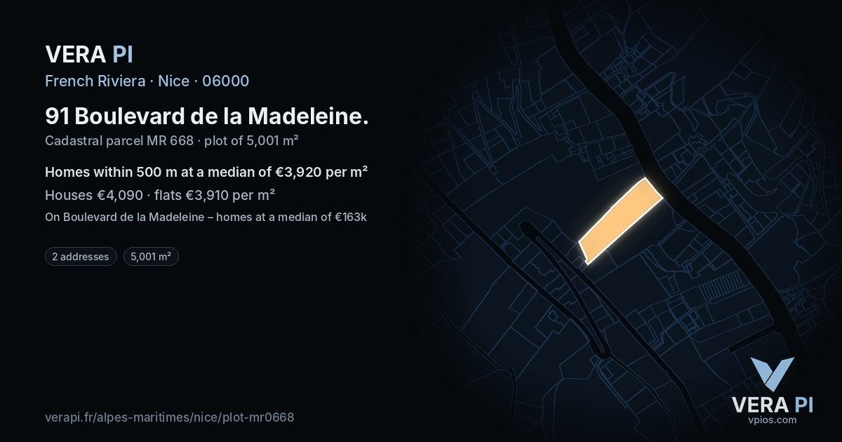 91 Boulevard de la Madeleine, Nice at night – the plot lit, the parcels around coloured by the prices near them